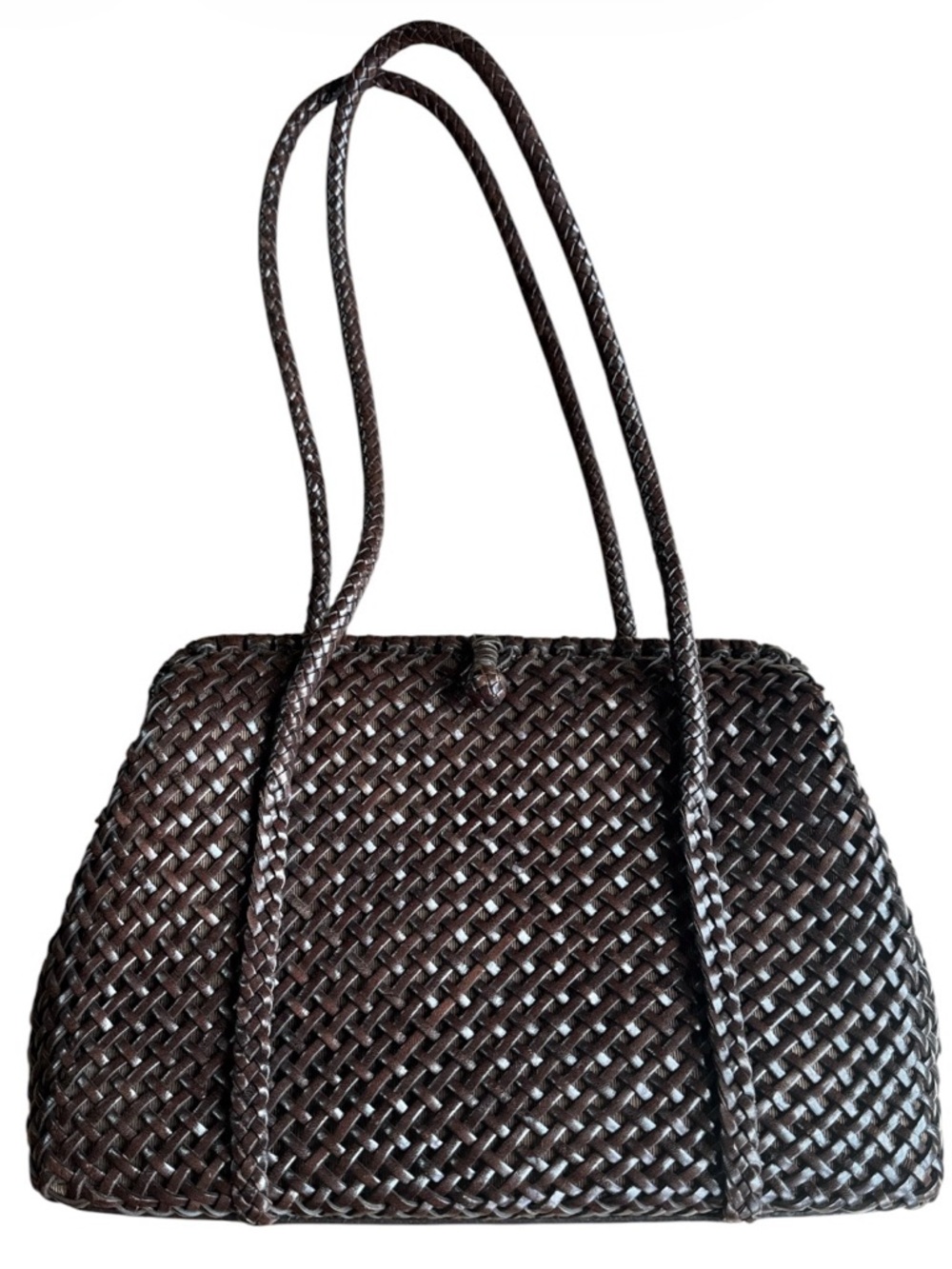 MONSAC Italian Luxury Woven Leather Top-Handle Shoulder Tote Bag Brown Y2K 11x8 - Picture 2 of 11
